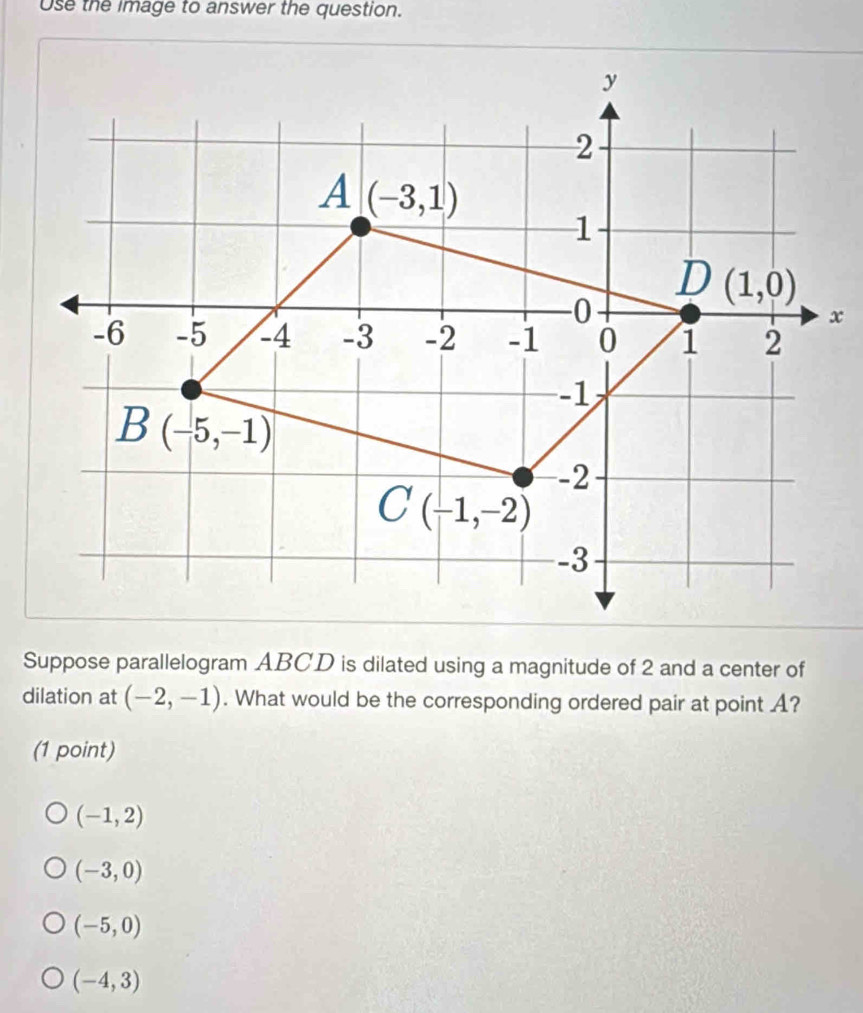 Use the image to answer the question.
Suppose parallelogram ABCD is dilated using a magnitude of 2 and a center of
dilation at (-2,-1). What would be the corresponding ordered pair at point A?
(1 point)
(-1,2)
(-3,0)
(-5,0)
(-4,3)