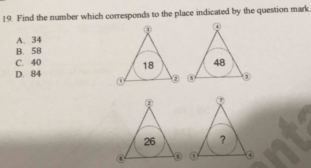 Find the number which corresponds to the place indicated by the question mark.
④
A. 34
B. 58
C. 4048
D. 84
③
⑦
?
0
④