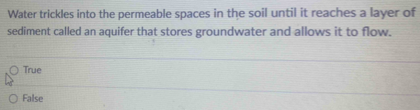 Water trickles into the permeable spaces in the soil until it reaches a layer of
sediment called an aquifer that stores groundwater and allows it to flow.
True
False