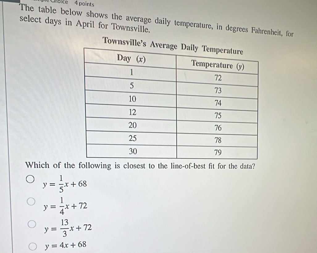 Choice 4 points
The table below shows the average daily temperature, in degrees Fahrenheit, for
select days in April for Townsville.
Townsville's A
Which of the following is closest to the line-of-best fit for the data?
y= 1/5 x+68
y= 1/4 x+72
y= 13/3 x+72
y=4x+68