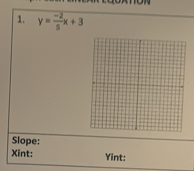 y= (-2)/5 x+3
Slope: 
Xint: Yint: