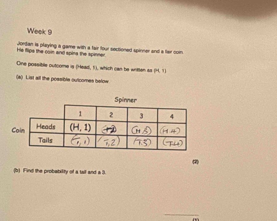 Week 9
Jordan is playing a game with a fair four sectioned spinner and a fair coin.
He flips the coin and spins the spinner.
One possible outcome is (Head, 1), which can be written as (H,1)
(a) List all the possible outcomes below
Spinner
(2)
(b) Find the probability of a tail and a 3.
_