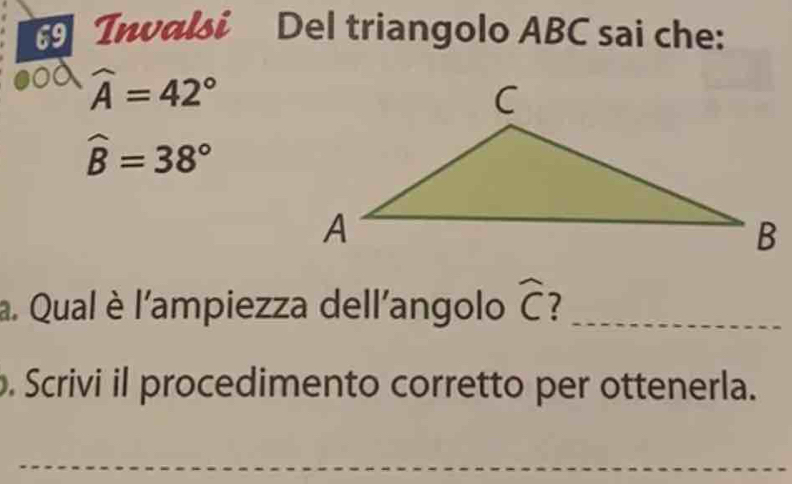 Invalsi Del triangolo ABC sai che:
widehat A=42°
widehat B=38°
a. Qual è l'ampiezza dell'angolo widehat C _ 
. Scrivi il procedimento corretto per ottenerla. 
_ 
_ 
__