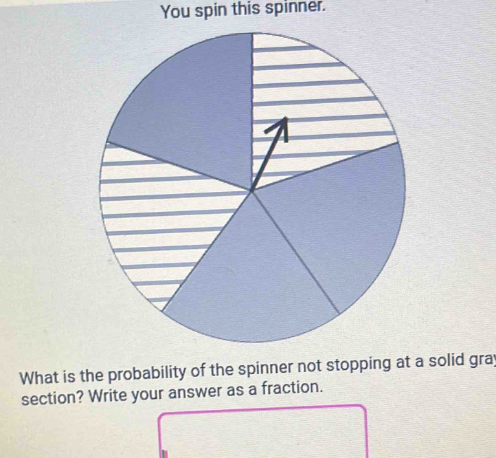 You spin this spinner. 
What is the probability of the spinner not stopping at a solid gray 
section? Write your answer as a fraction.