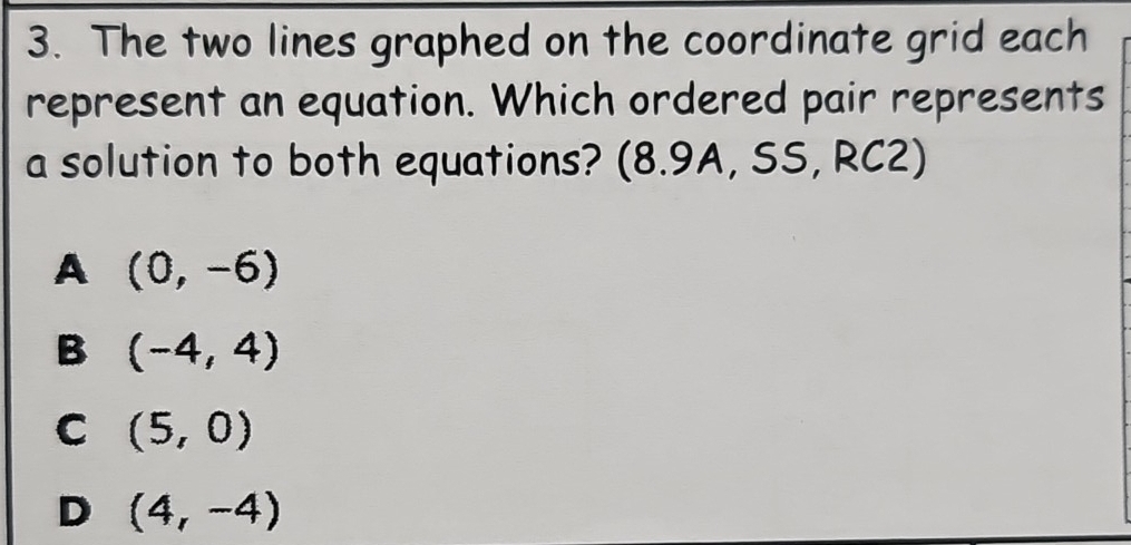 The two lines graphed on the coordinate grid each
represent an equation. Which ordered pair represents
a solution to both equations? (8.9A, SS, RC2)
A (0,-6)
B (-4,4)
C (5,0)
D (4,-4)