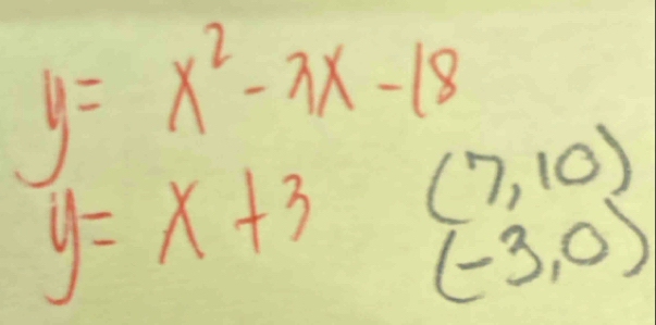 y=x^2-3x-18 (7,10)
y=x+3 (-3,0)