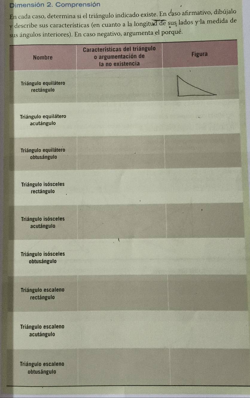 Dimensión 2. Comprensión
En cada caso, determina si el triángulo indicado existe. En caso afirmativo, dibújalo
y describe sus características (en cuanto a la longitud de sus lados y·la medida de
sus ángulos interiores). En caso negativo, argumenta el porqué.
Triángulo equilátero
acutángulo
Triángulo equilátero
ob tusángulo
Triángulo isósceles
rectángulo
Triángulo isósceles
acutángulo
Triángulo isósceles
ob tusángulo
Triángulo escaleno
rectángulo
Triángulo escaleno
acutángulo
Triángulo escaleno
ob tusángulo