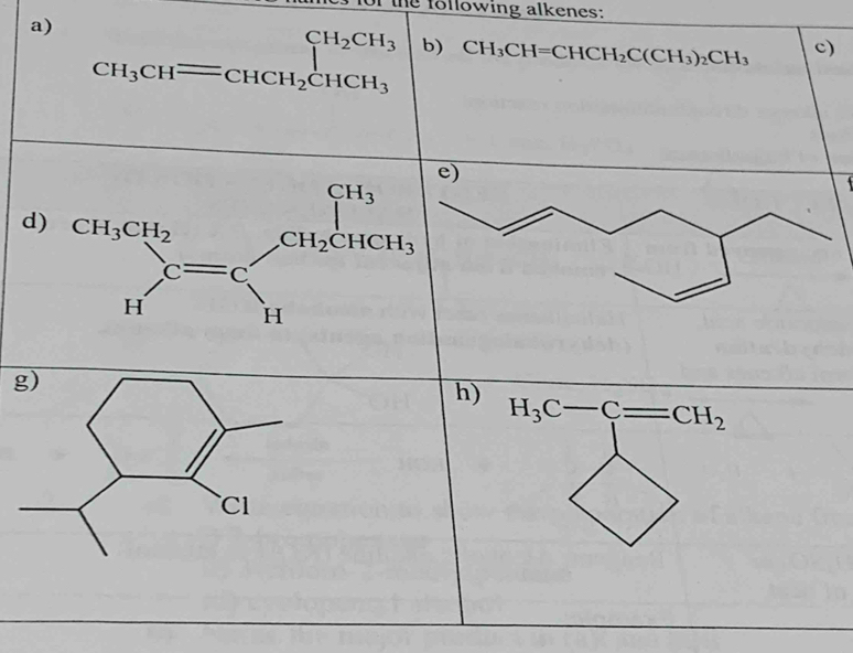 the following alkenes:
a) CH_3CHequiv CHCH_2CHCH_3
b) CH_3CH=CHCH_2C(CH_3)_2CH_3 c)
d
h)
H_3C-C=CH_2