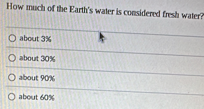 How much of the Earth's water is considered fresh water?
about 3%
about 30%
about 90%
about 60%