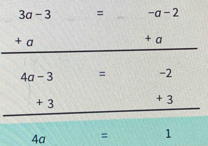 - = −a - 2
+ a + a
4a-3 = -2
+ 3 + 3
4a
=
1