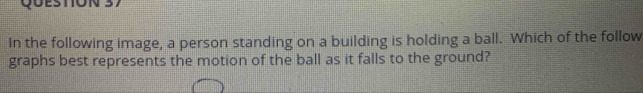 In the following image, a person standing on a building is holding a ball. Which of the follow 
graphs best represents the motion of the ball as it falls to the ground?