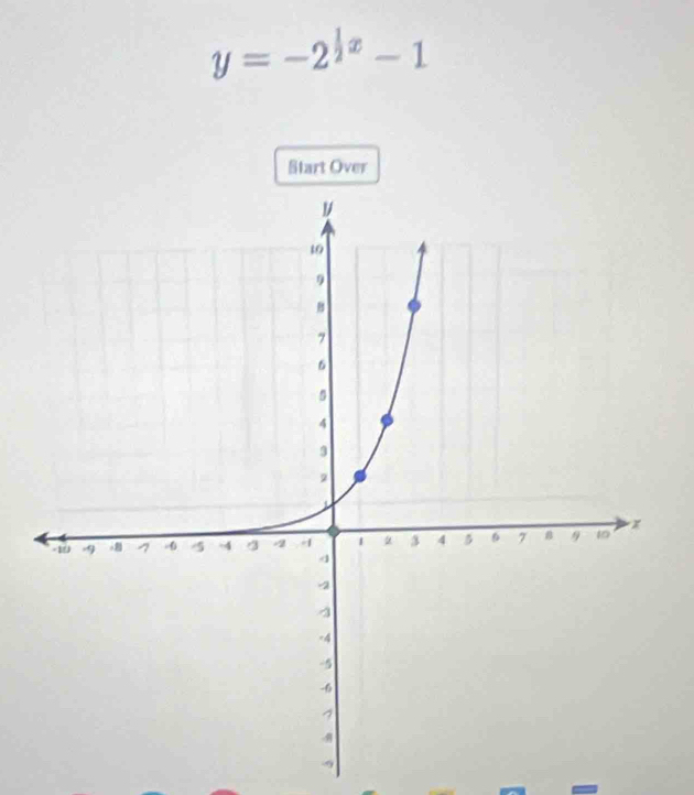 y=-2^(frac 1)2x-1
Start Over