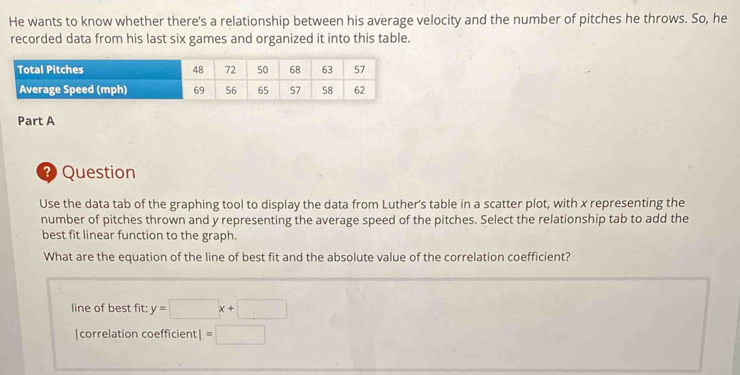 He wants to know whether there's a relationship between his average velocity and the number of pitches he throws. So, he 
recorded data from his last six games and organized it into this table. 
Total Pitches 
Average Speed (mph
Part A 
? Question 
Use the data tab of the graphing tool to display the data from Luther’s table in a scatter plot, with x representing the 
number of pitches thrown and y representing the average speed of the pitches. Select the relationship tab to add the 
best fit linear function to the graph. 
What are the equation of the line of best fit and the absolute value of the correlation coefficient? 
line of best fit: y=□ x+□
|correlation coefficient| =□