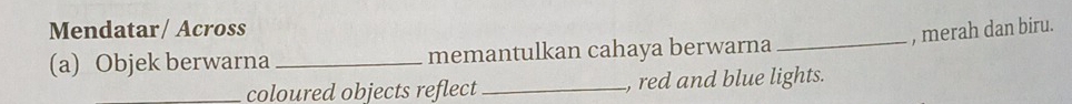 Mendatar/ Across 
_, merah dan biru. 
(a) Objek berwarna _memantulkan cahaya berwarna 
_coloured objects reflect _, red and blue lights.