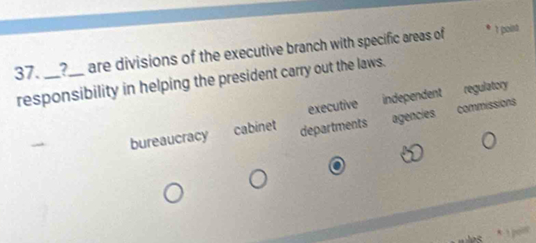 ?_ are divisions of the executive branch with specific areas of
t point
responsibility in helping the president carry out the laws.
executive independent regulatory
bureaucracy cabinet departments agencies commissions