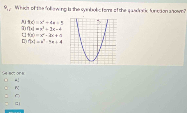 9_12 . Which of the following is the symbolic form of the quadratic function shown?
A) f(x)=x^2+4x+5
B) f(x)=x^2+3x-4
C) f(x)=x^2-3x+4
D) f(x)=x^2-5x+4
Select one:
A)
B)
C)
D)