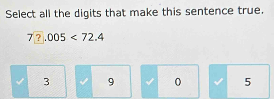 Select all the digits that make this sentence true.
7 ? ^ 005<72.4
3
9
0
5