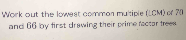 Work out the lowest common multiple (LCM) of 70
and 66 by first drawing their prime factor trees.