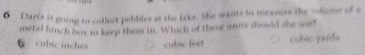 Darit is going to collect pebbles at the lake. She wants to measure the vleme of s
metal lunch box to keep them in. Which of these units should she use?
cubic inches cubic feet cubic yards