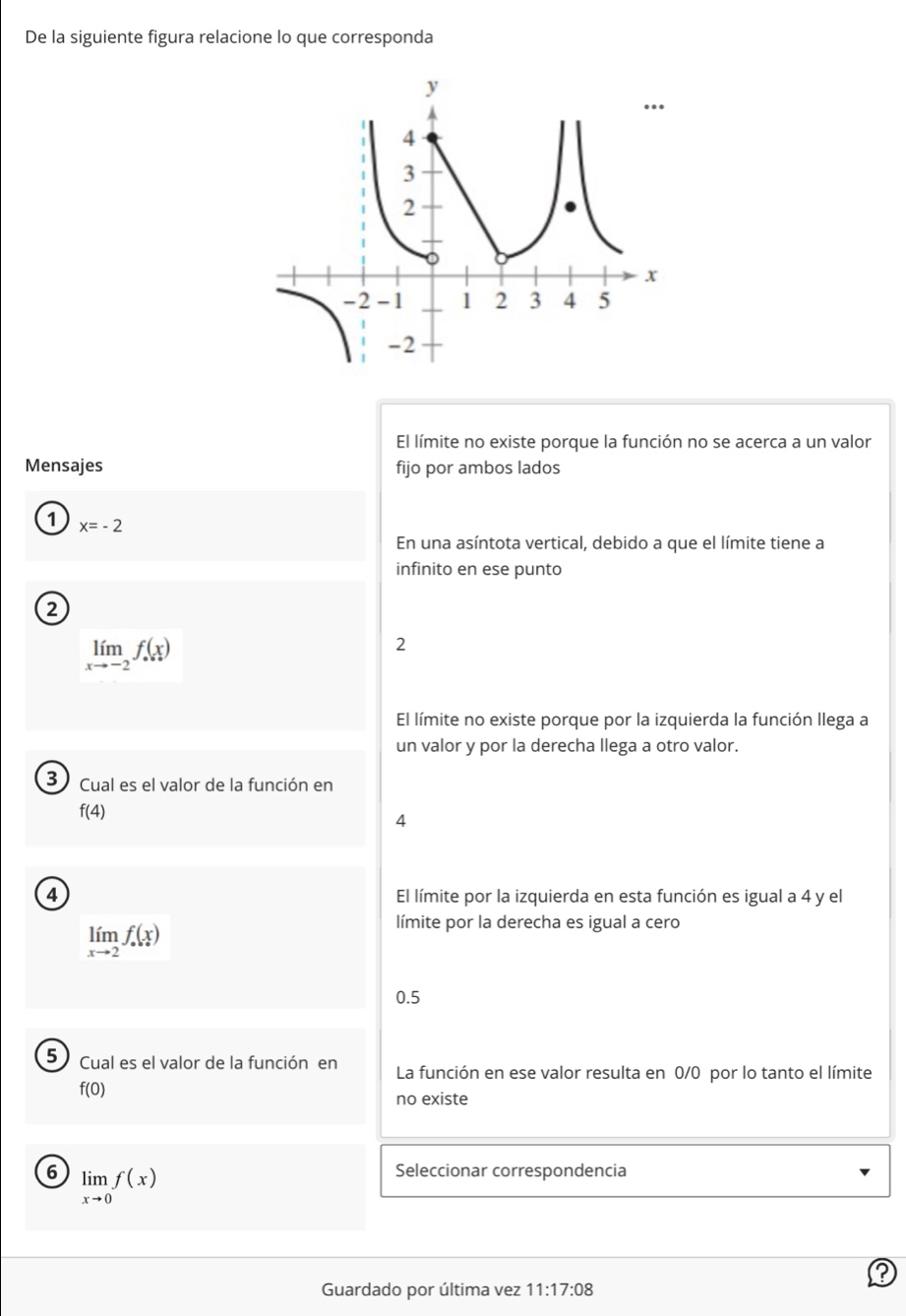 De la siguiente figura relacione lo que corresponda
El límite no existe porque la función no se acerca a un valor
Mensajes fijo por ambos lados
1 x=-2
En una asíntota vertical, debido a que el límite tiene a
infinito en ese punto
2
limlimits _xto -2f(x)
2
El límite no existe porque por la izquierda la función llega a
un valor y por la derecha llega a otro valor.
3 Cual es el valor de la función en
f(4)
4
4 El límite por la izquierda en esta función es igual a 4 y el
limlimits _xto 2f(x)
límite por la derecha es igual a cero
0.5
5 Cual es el valor de la función en La función en ese valor resulta en 0/0 por lo tanto el límite
f(0)
no existe
6 limlimits _xto 0f(x)
Seleccionar correspondencia
Guardado por última vez 11:17:08