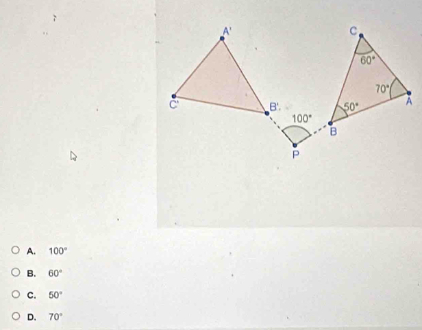 A. 100°
B. 60°
C. 50°
D. 70°