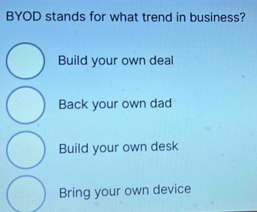 BYOD stands for what trend in business?
Build your own deal
Back your own dad
Build your own desk
Bring your own device