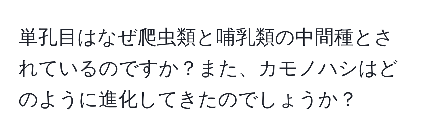 単孔目はなぜ爬虫類と哺乳類の中間種とされているのですか？また、カモノハシはどのように進化してきたのでしょうか？