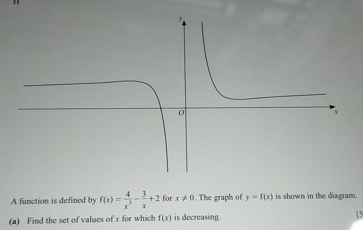 A function is defined by f(x)= 4/x^3 - 3/x +2 for x!= 0. The graph of y=f(x) is shown in the diagram. 
(a) Find the set of values of x for which f(x) is decreasing. 
[5