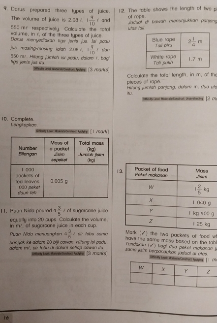 Darus prepared three types of juice. 12. The table shows the length of two p
of rope.
The volume of juice is 2.08 1 9/10  ε and  Jadual di bawah menunjukkan panjang
550 m respectively. Calculate the total utas tali.
volume, in ε, of the three types of juice. 
Darus menyediakan tiga jenis jus. Isi padu
jus masing-masing ialah 2.08ell ,1 9/10 ell dan 
550 mé. Hitung jumlah isi padu, dalam /, bagi 
tiga jenis jus itu 
Diculty Levet ModenderCanstruct Applying [3 marks]
Calculate the total length, in m, of the
pieces of rope.
Hitung jumlah panjang, dalam m, dua uto
itu.
deficully Unvel Moderate/Construct: Undenstanding [2 778
10. Complete.
Lengkapkan.
Dificullty Level: Moderatis/Construct: Applying [1 mark]
1
11. Puan Nida poured 4 3/5  of sugarcane juiceg
equally into 20 cups. Calculate the volume,
in mé, of sugarcane juice in each cup.
Puan Nida menuangkan 4 3/5  air tebu sama
) the two packets of food wi
have the same mass based on the tab 
banyak ke dalam 20 biji cawan. Hitung isi padu,  Tandakan (√) bagi dua peket makanan y
dalam m², air tebu di dalam setiap cawan itu. sama jisim berpandukan jadual di atas.
peticurty Level Modorata/Constrac Apphying [3 mcrks]
Difficulty Leveil: Moderato/Construct: Appl
16