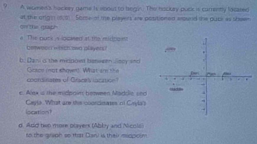 ? A women's hockey game is ebout to begin. The hockey puck is currently located 
at the origin (0,0) Some of the players are positioned around the puck as shown 
on the graph 
a. The puck is located at the midpoint 
betweon which aso players? 
b. Dani is the midpoint beween Jiocy and 
Grace (not shown). What are the 
cpordinates of Gracel location? 
c. Alex is the midpoim between Maddle sed 
Cayla What are the coordinates of Cayla's 
location? 
d. Add two more players (Abby and Nicola) 
to the graph so thrat Dani is their midpoin