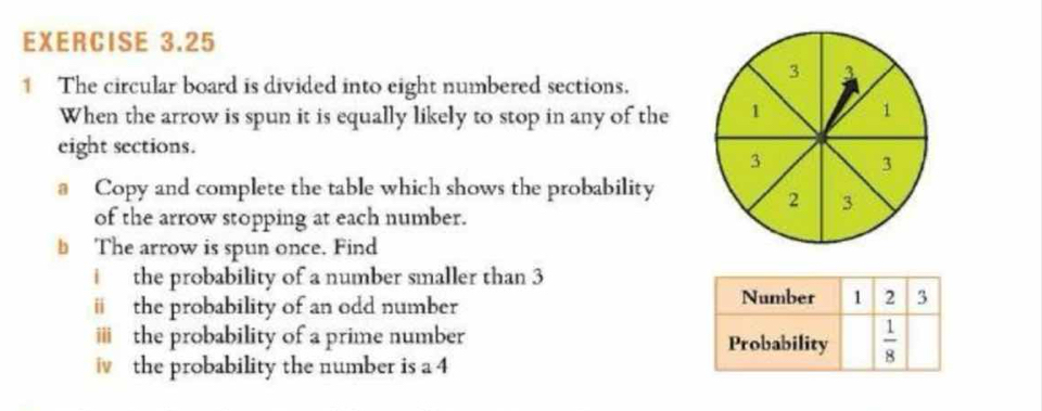 The circular board is divided into eight numbered sections.
When the arrow is spun it is equally likely to stop in any of the
eight sections.
a Copy and complete the table which shows the probability
of the arrow stopping at each number.
§ The arrow is spun once. Find
i the probability of a number smaller than 3
# the probability of an odd number 
iii the probability of a prime number 
the probability the number is a 4