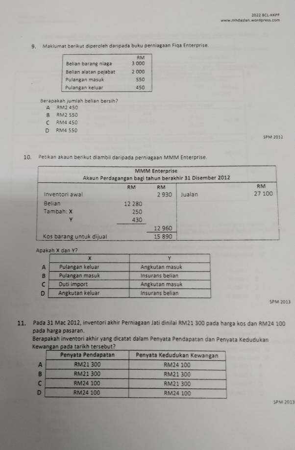 J022 SCL-KKPF
www.mhdazlan, wordpress.com
9, Makiumat berikut diperoleh daripada buku perniagaan Fiqa Enterprise.
RM
Belian barang niaga 3 000
Belian alatan pejabat 2 000
Pulangan masuk 550
Pulangan keluar 450
Berapakah jumiah belian bersih?
A RM2 450
B RM2 SS0
C RM4 450
D RM4 550
SPM 2012
10. Petikan akaun berikut diambil daripada perniagaan MMM Enterprise.
SPM 2013
11. Pada 31 Mac 2012, inventori akhir Perniagaan Jati dinilai RM21 300 pada harga kos dan RM24 100
pada harga pasaran.
Berapakah inventori akhir yang dicatat dalam Penyata Pendapatan dan Penyata Kedudukan
SPM 2013