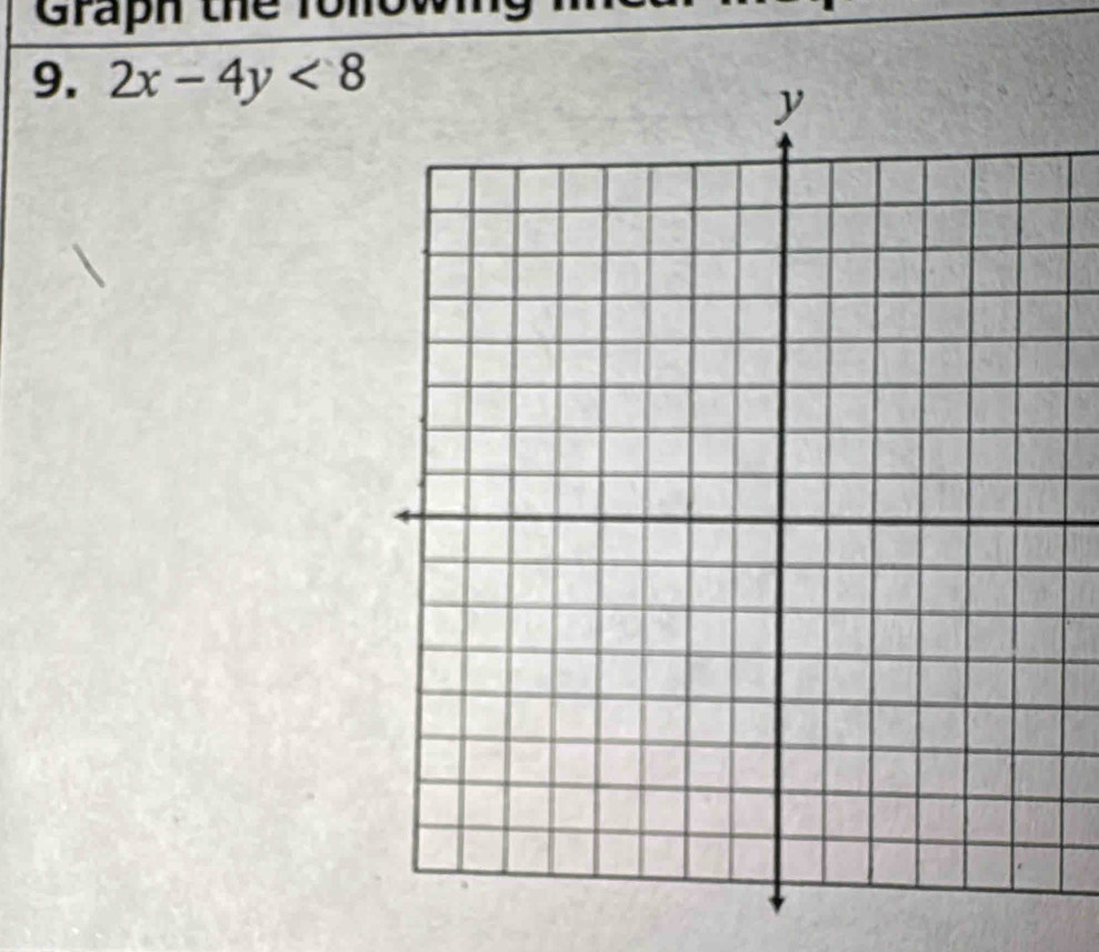 Graph the fonow 
9. 2x-4y<8</tex>