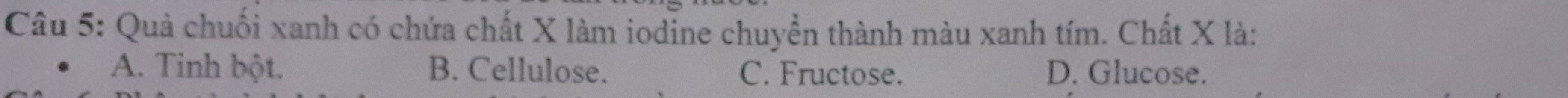 Quả chuối xanh có chứa chất X làm iodine chuyển thành màu xanh tím. Chất X là:
A. Tinh bột. B. Cellulose. C. Fructose. D. Glucose.