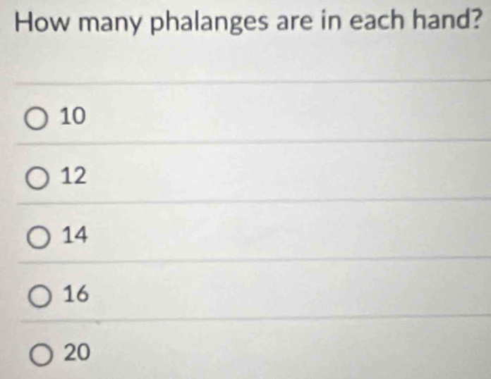 How many phalanges are in each hand?
10
12
14
16
20