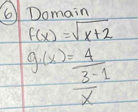 Domain
f(x)=sqrt(x+2)
g(x)=frac 4 (3-1)/x 