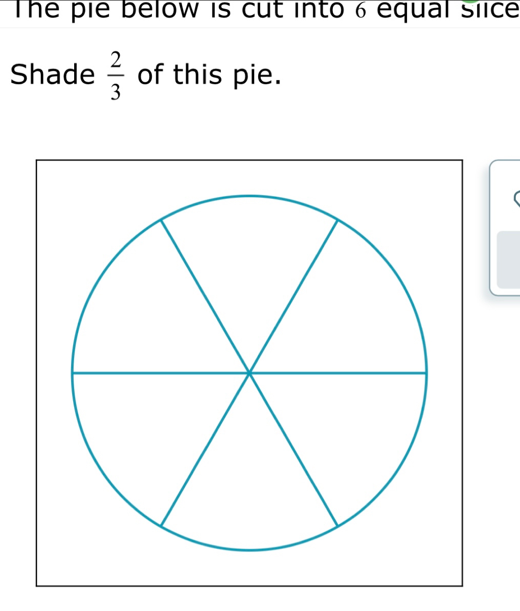 The pie below is cut into 6 equal slice 
Shade  2/3  of this pie.