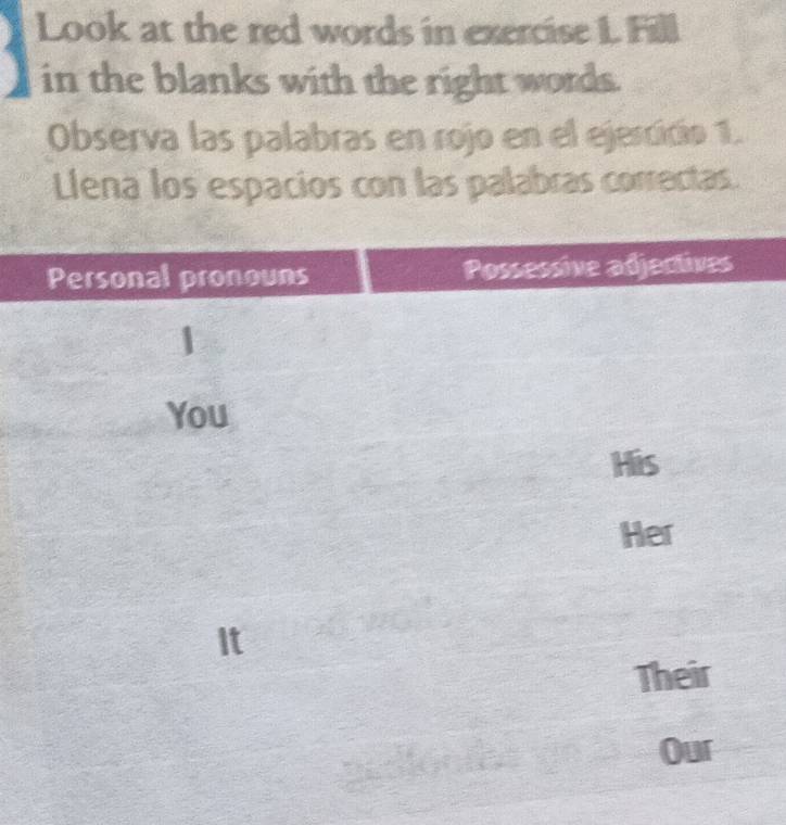 Look at the red words in exercise 1 Fill 
in the blanks with the right words. 
Observa las palabras en rojo en el ejercicio 1. 
Llena los espacios con las palabras correctas.