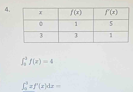 ∈t _0^3f(x)=4
∈t _0^3xf'(x)dx=