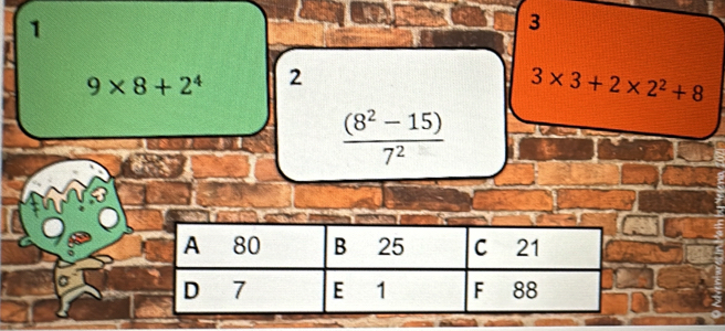 1 
3
9* 8+2^4 2
3* 3+2* 2^2+8
 ((8^2-15))/7^2 