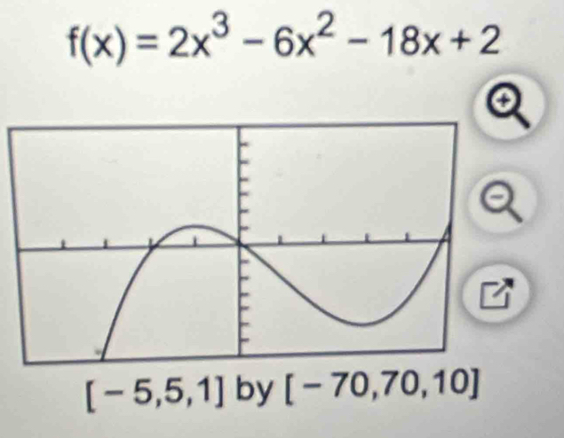 f(x)=2x^3-6x^2-18x+2
[-5,5,1] by [-70,70,10]