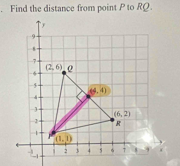 Find the distance from point P to RQ.