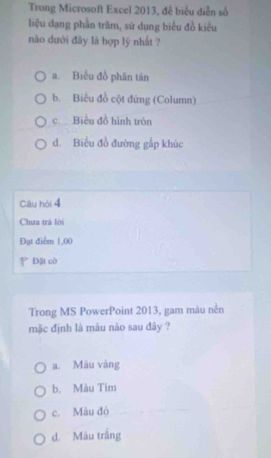 Trong Microsoft Excel 2013, để biểu diễn số
liệu dạng phần trăm, sử dụng biểu đồ kiểu
nào dưới đây là hợp lý nhất ?
a. Biểu đồ phần tán
b. Biểu đồ cột đứng (Column)
c Biểu đồ hình tròn
d. Biểu đồ đường gấp khúc
Câu hỏi 4
Chưa trà lới
Đạt điểm 1,00
Đặt cờ
Trong MS PowerPoint 2013, gam màu nền
mặc định là màu nào sau đây ?
a. Màu vàng
b. Màu Tim
c. Màu đô
d Màu trắng