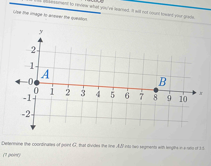 this assessment to review what you've learned. It will not count toward your grade. 
Use the image to answer the question. 
Determine the coordinates of point G, that divides the line AB into two segments with lengths in a ratio of 3:5. 
(1 point)