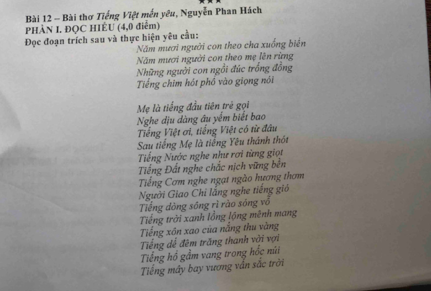 Bài thơ Tiếng Việt mến yêu, Nguyễn Phan Hách 
PHÀN I. ĐQC HIÉU (4,0 điểm) 
Đọc đoạn trích sau và thực hiện yêu cầu: 
Năm mươi người con theo cha xuống biển 
Năm mươi người con theo mẹ lên rừng 
Những người con ngồi đúc trống đồng 
Tiếng chim hót phồ vào giọng nói 
Mẹ là tiếng đầu tiên trẻ gọi 
Nghe dịu dàng âu yếm biết bao 
Tiếng Việt ơi, tiếng Việt có từ đâu 
Sau tiếng Mẹ là tiếng Yêu thánh thót 
Tiếng Nước nghe như rơi từng giọt 
Tiếng Đất nghe chắc nịch vững bền 
Tiếng Cơm nghe ngạt ngào hương thơm 
Người Giao Chi lắng nghe tiếng gió 
Tiếng dòng sông rì rào sóng vỗ 
Tiếng trời xanh lồng lộng mênh mang 
Tiếng xôn xao của nắng thu vàng 
Tiếng dế đêm trăng thanh vời vợi 
Tiếng hổ gầm vang trong hốc núi 
Tiếng mây bay vương vắn sắc trời