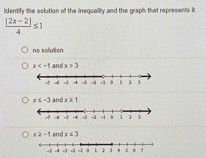 Identify the solution of the inequality and the graph that represents it.
 (|2x-2|)/4 ≤ 1
no solution
x and x>3
x≤ -3 and x≥ 1
x≥ -1 and x≤ 3