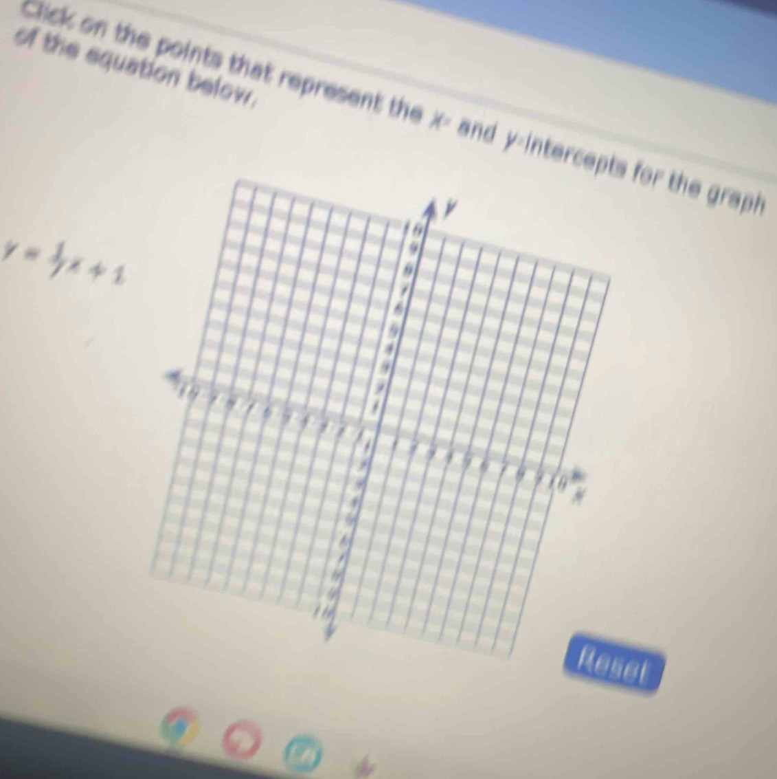 of the equation below. 
Click on the points that represent the x= and y-intercept for the graph
y= 1/7 x+1
Reset