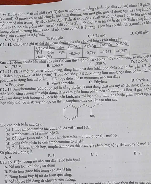 Tổ chức Y tế thế giới (WHO) đưa ra một đơn vị uống chuẩn (ly tiêu chuẩn) chứa 10 gam
(ethanol). Ở người có cơ chế chuyển hoá bình thường, sau một giờ, gan sẽ dung nạp và chuyển hoa
một đơn vị cồn trong 1 ly tiêu chuẩn. Anh Tuấn đi chơi Pickleball về có ghé qua 1 quán bia gần nh
huống hết 5 lon bia giống nhau có nồng độ cồn là 5^0 Tính thời gian tổi thiều đề anh Tuấn chuyển h
đượng cồn nằm trong bia mà anh đã uống vào cơ thể. Biết rằng: 1 lon bia có thể tích 330mL và kho
ciêng của ethano1 là 0,8g/mL.
A. 5,84 giờ. B. 9,90 giờ. C. 8,25 giờ. D. 6,60 giờ.
Câu 12. Cho bản khử như sau:
Sức điện động chuẩn lớn nhất của pin Galvani thiết lập từ hai các cặp t
A. 1,783 V. B. 1,560 V. C. 1,239 V. D. 1,562V.
Câu 13. PE là một polymer thông dụng, dùng làm chất dèo (chất dẻo chứa PE chiếm gần 1/3 tổ
chất dèo được sản xuất hàng năm). Trong đời sống, PE được dùng làm màng bọc thực phẩm, túi nị
gói, chai lọ đựng hoá mĩ phẩm,... PE được điều chế từ monomer nào sau đây?
A. Propylene. B. Vinyl chroride. C. Ethylene. D. Styrene.
Câu 14. Amphetamine (còn được gọi là hồng phiến) là một dạng chất ma tuý có tác dụng gây kíc
khần kinh, tăng cường sức chịu dựng, tăng cảm giác hưng phần, nếu sử dụng quá liều sẽ gây nghi
đến lạm dụng; ảnh hưởng xấu đến hệ thần kinh; gây rối loạn nhịp tim, tăng hoặc giảm huyệt áp; g
Hoạn nhịp thở, co giật; suy nhược cơ thể... Amphetamine có cấu tạo như sau:
Cho các phát biểu sau đây:
(a) 1 mol amphetamine tác dụng tối đa với 1 mol HCl.
(b) Amphetamine là amine bậc 2.
(c) Đốt cháy hoàn toàn 0,1 mol amphetamine mol thu được 0,1 mol N_2.
(d) Công thức phân tử của amphetamine C_9H_12N.
(e) Ở điều kiện thích hợp, amphetamine có thể tham gía phản ứng cộng H_2 theo tỷ lệ mol 1:
Số phát biểu đúng là D. 2.
A. 4. B. 3. C. 5.
Câu 15. Hiện tượng nổ nào sau đây là nổ hóa học?
A. Nổ nổi hơi khi đang sử dụng.
B. Pháo hoa được bắn trong các dịp lễ hội
C. Bong bóng bay bị nổ do bơm quá căng.
D. Nổ lốp xe khi đang di chuyển trên đường. chuối chín) theo thứ tư các bưc