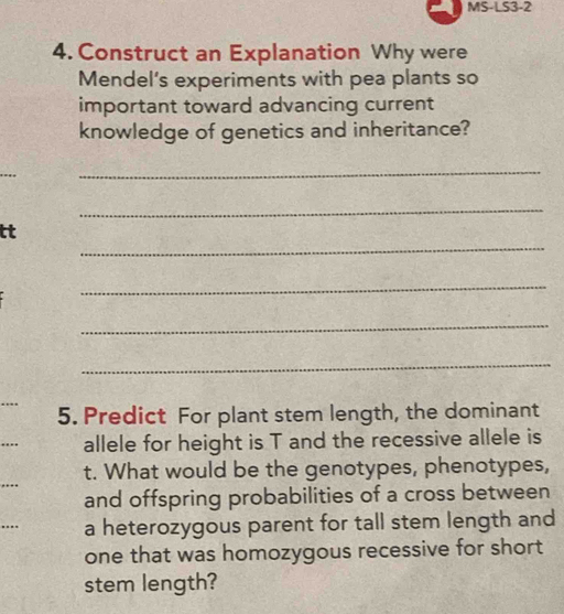 MS-LS3-2 
4. Construct an Explanation Why were 
Mendel's experiments with pea plants so 
important toward advancing current 
knowledge of genetics and inheritance? 
_ 
_ 
_ 
tt 
_ 
_ 
_ 
5. Predict For plant stem length, the dominant 
. allele for height is T and the recessive allele is 
..- t. What would be the genotypes, phenotypes, 
and offspring probabilities of a cross between 
,." a heterozygous parent for tall stem length and 
one that was homozygous recessive for short 
stem length?