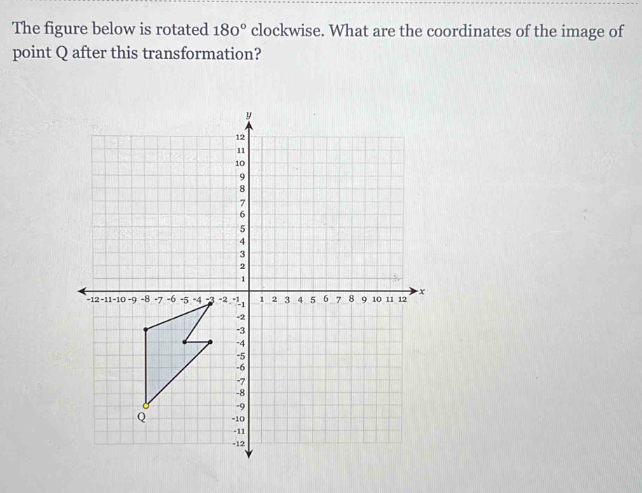 The figure below is rotated 180° clockwise. What are the coordinates of the image of 
point Q after this transformation?